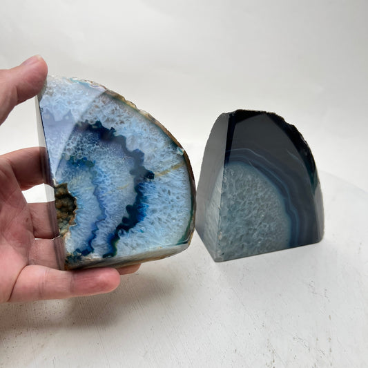 2 blaue Achat Buchstützen Geode Kristall Stein Deko