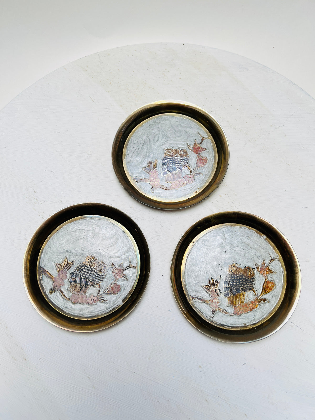 3er Set Vintage Messing Untersetzer Eulen & Kirschblüte Boho 70er Cloisonné Emaille