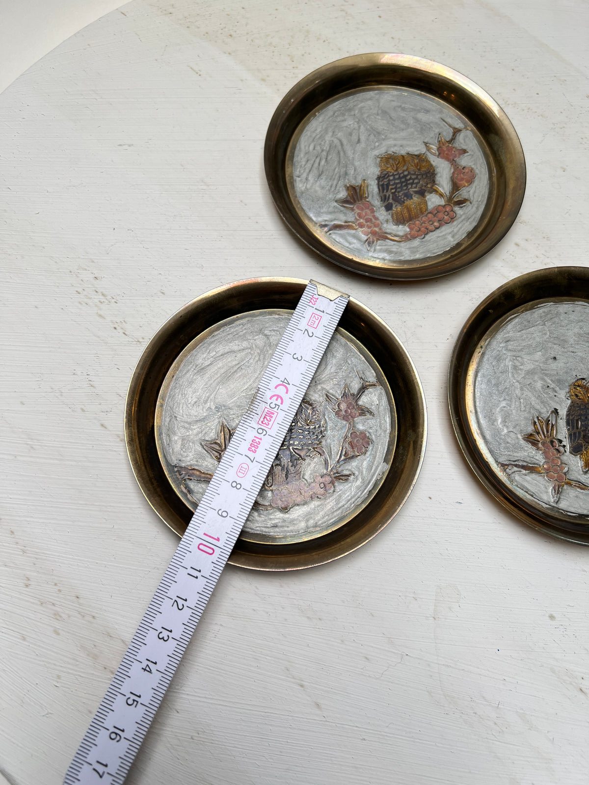 3er Set Vintage Messing Untersetzer Eulen & Kirschblüte Boho 70er Cloisonné Emaille
