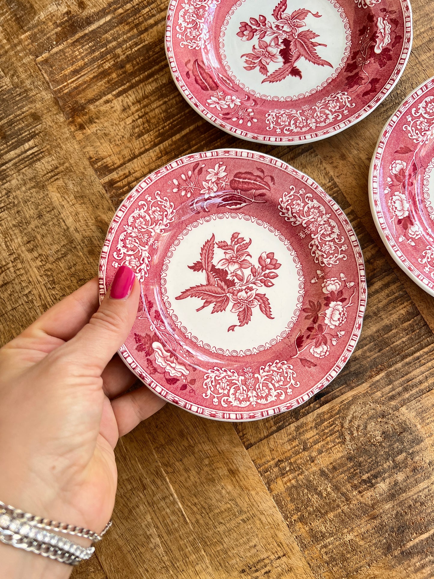 1x 15,5cm Ersatz Untertasse Vintage Spode „Pink Camilla“ Rote Transferware Englisches Porzellan
