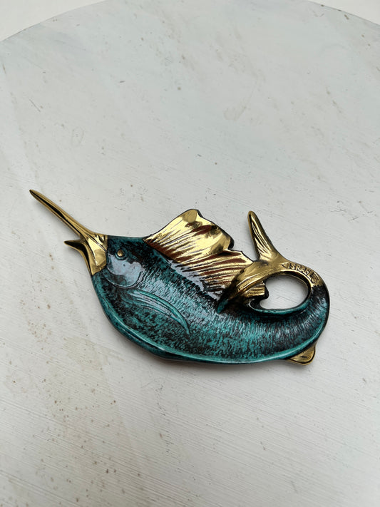 Vintage Messingschale Messingobjekt Schwertfisch Marlin Israel Kunsthandwerk Souvenir