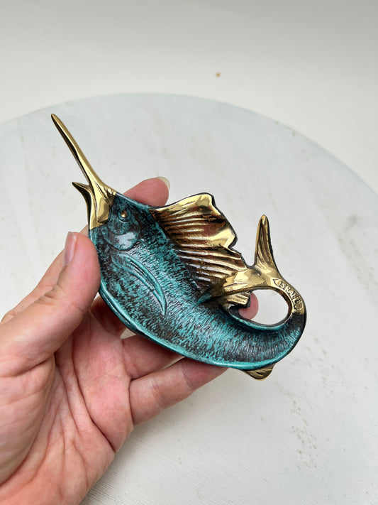 Vintage Messingschale Messingobjekt Schwertfisch Marlin Israel Kunsthandwerk Souvenir