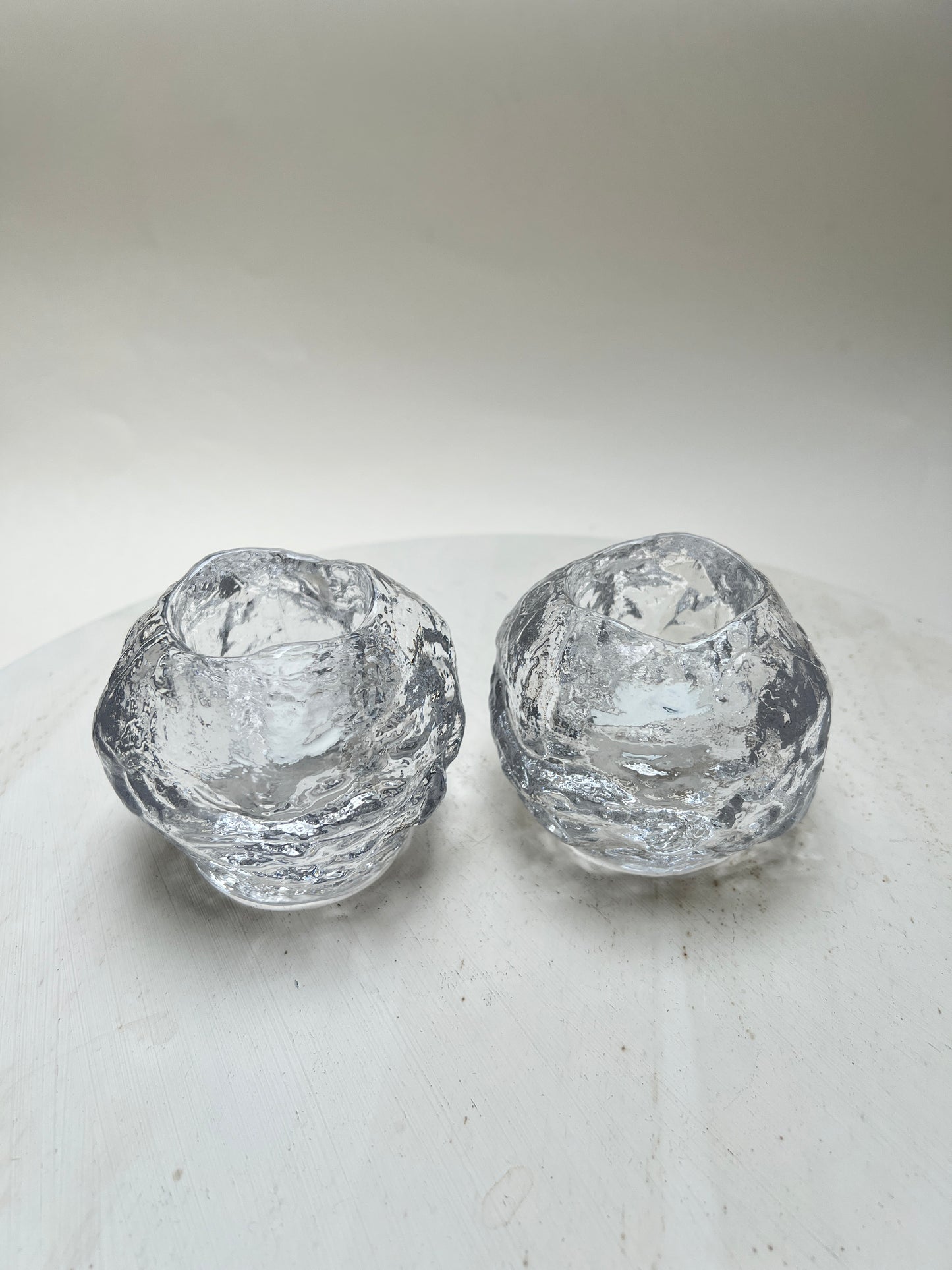 2er-Set Vintage Kosta Boda „Snowball“ Teelichthalter Eisglas Schwedisches Design