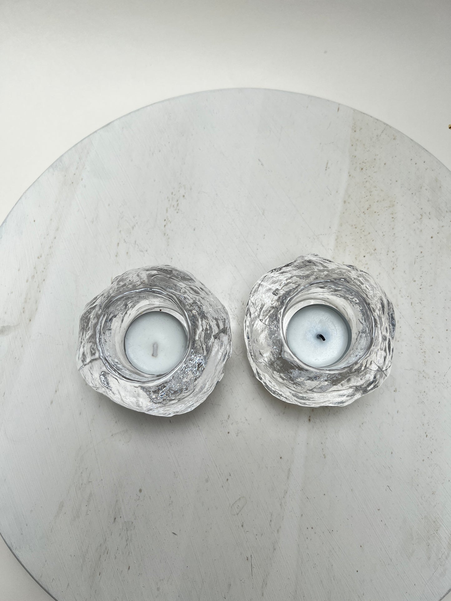 2er-Set Vintage Kosta Boda „Snowball“ Teelichthalter Eisglas Schwedisches Design