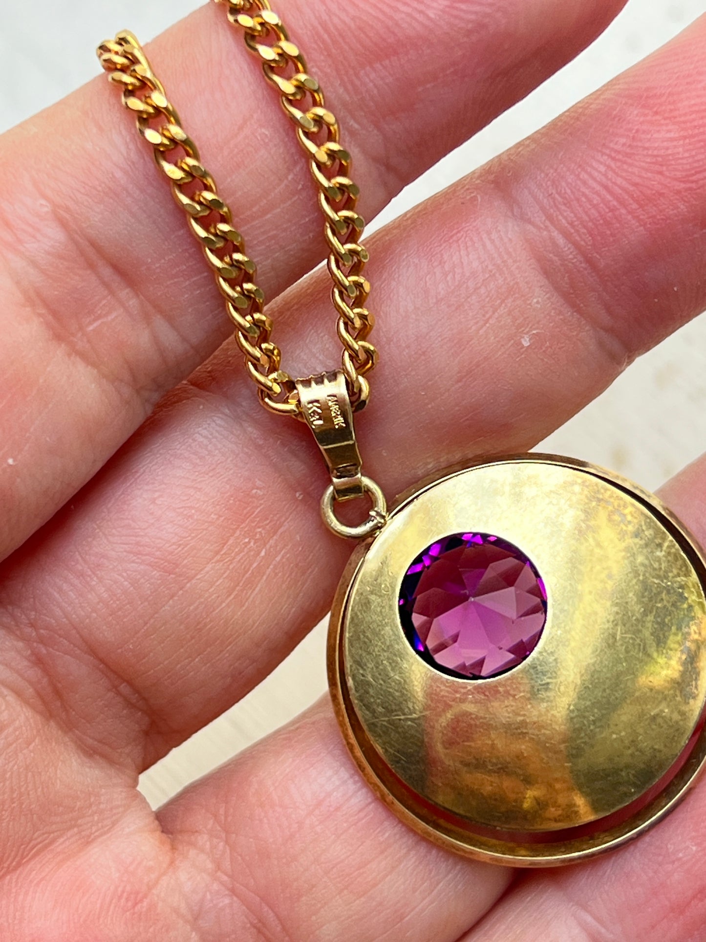 Vintage Mid-Century K&L Anhänger mit Kette Amerikaner Doublé Gold violetter Schmuckstein