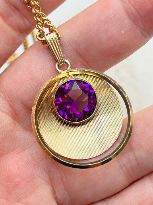 Vintage Mid-Century K&L Anhänger mit Kette Amerikaner Doublé Gold violetter Schmuckstein