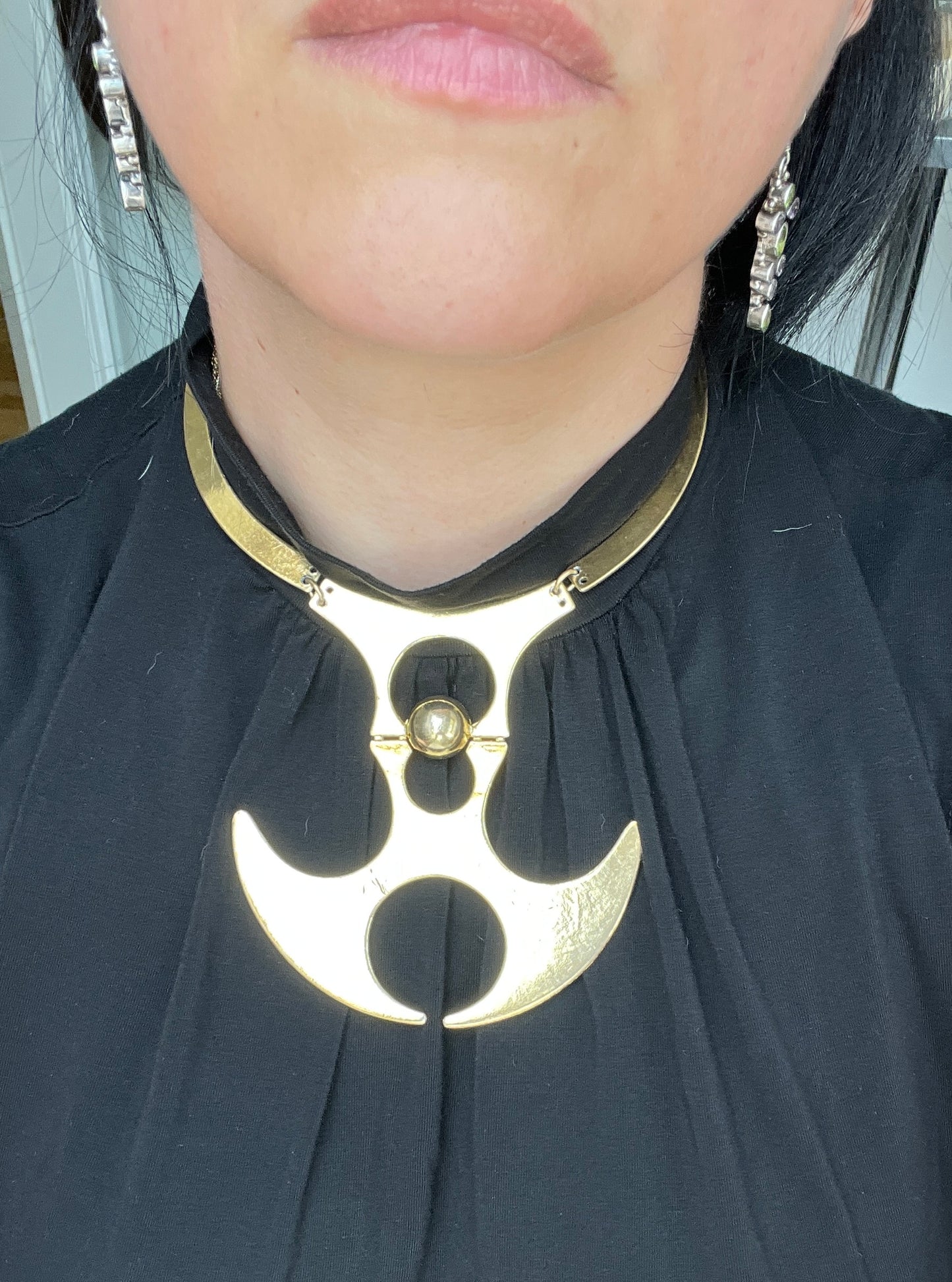 Futuristische Space Age Choker Halskette Schmuck gold Messing Mid Century Statement Modernist Halsreif