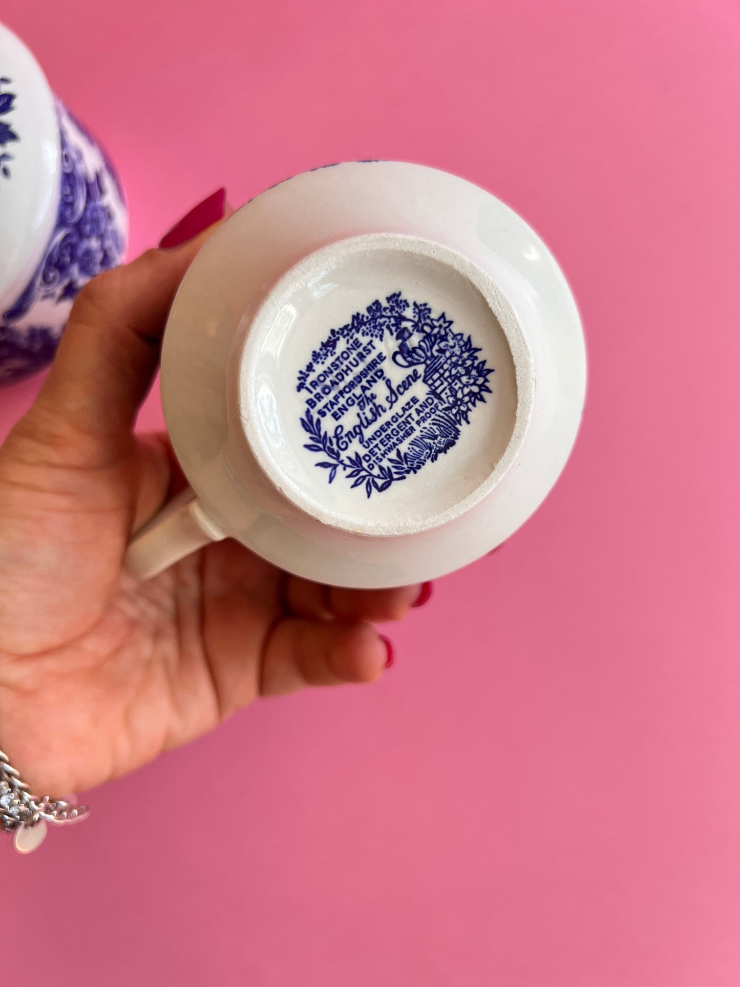 Vintage Zuckerdose & Milchkännchen „English Scene“ – Ironstone Broadhurst England – blau weiß – Staffordshire