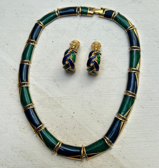 Vintage 80er Jahre Emaille Schmuckset Chocker Kette und Ohrclips Business