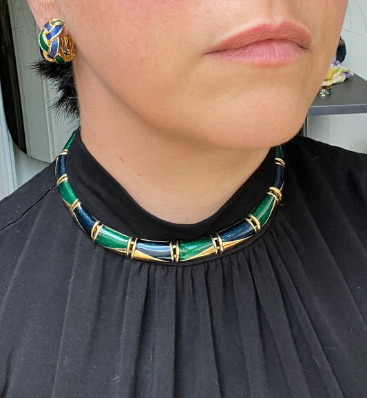 Vintage 80er Jahre Emaille Schmuckset Chocker Kette und Ohrclips Business