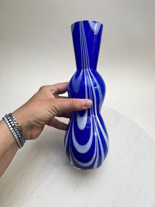 Vintage Kunstglas Fadenglas Vase Kobalt Blau Weiß Mid Century Mundgeblasen (ca. 25cm)