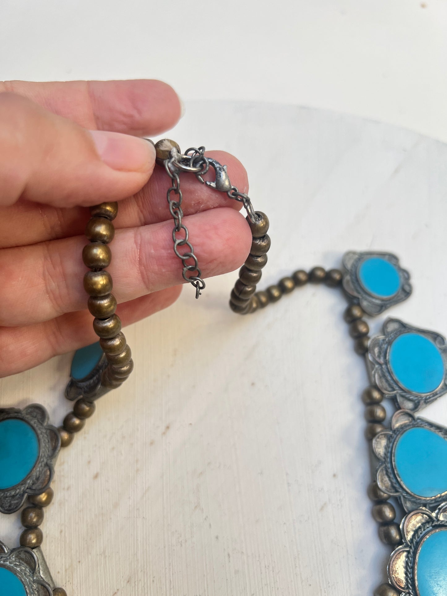 Vintage Modeschmuck türkise Ethno Halskette im Stil von Squash Blossom Navajo Zuni