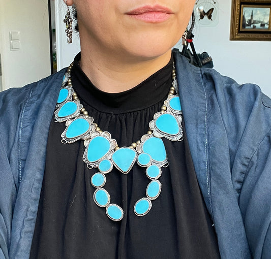 Vintage Modeschmuck türkise Ethno Halskette im Stil von Squash Blossom Navajo Zuni