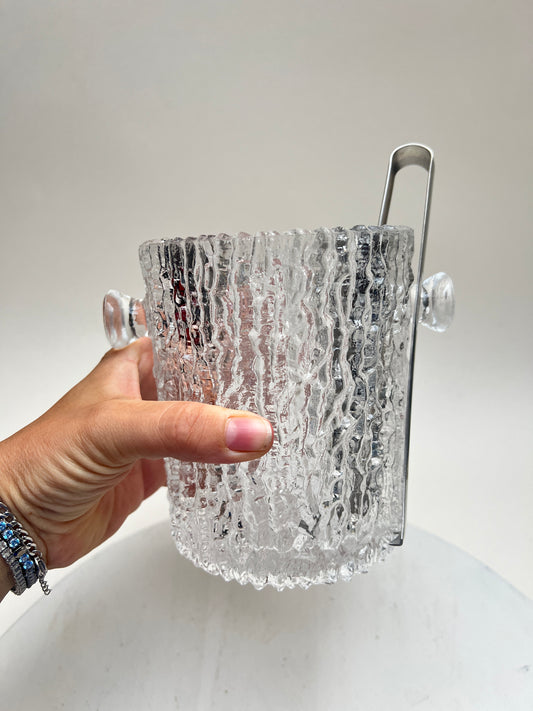 Vintage Eisglas Eiskübel mit Eiszange – 70er Jahre Barware Rinden Borken Mid Century Brutalismus