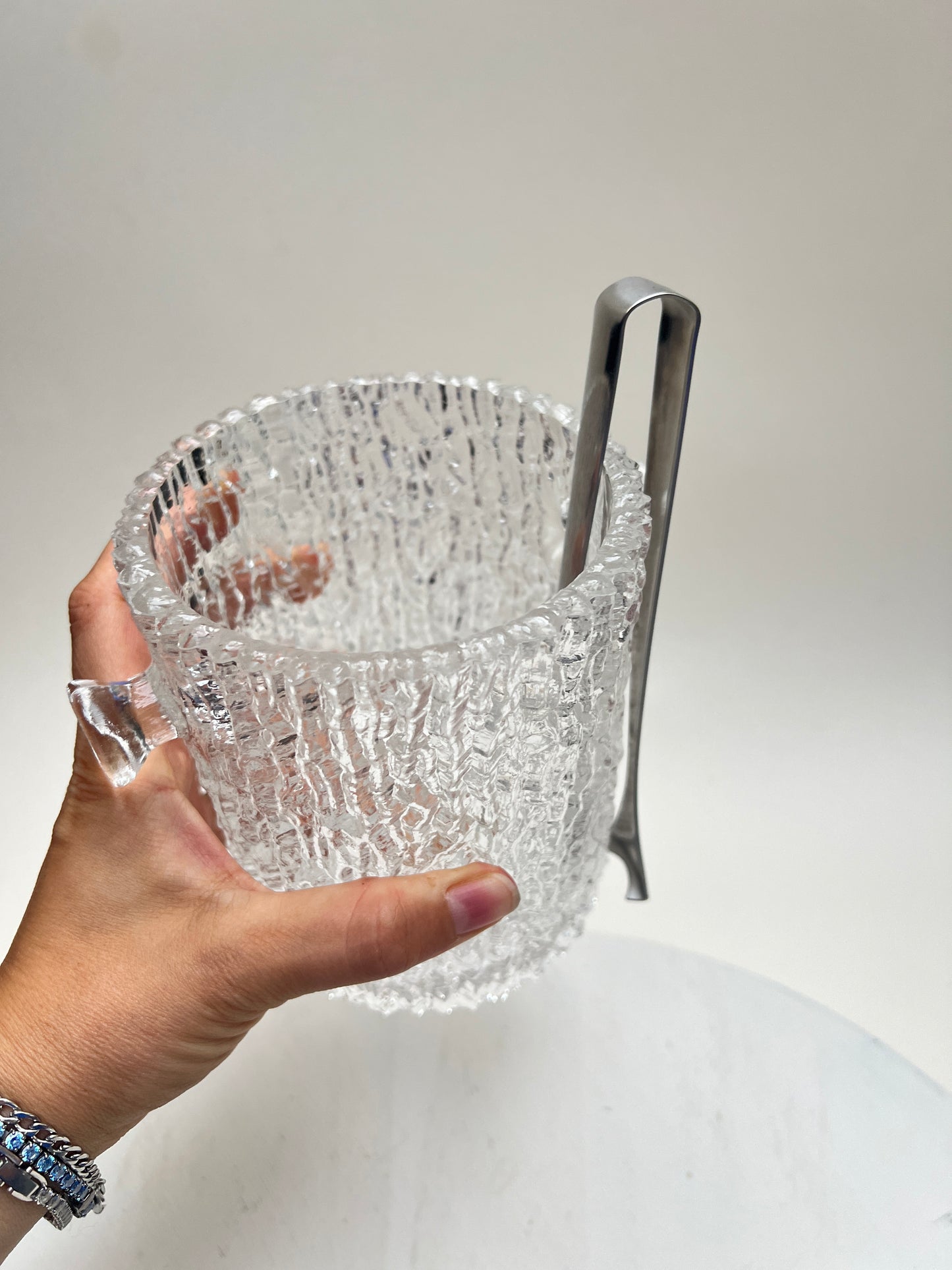 Vintage Eisglas Eiskübel mit Eiszange – 70er Jahre Barware Rinden Borken Mid Century Brutalismus