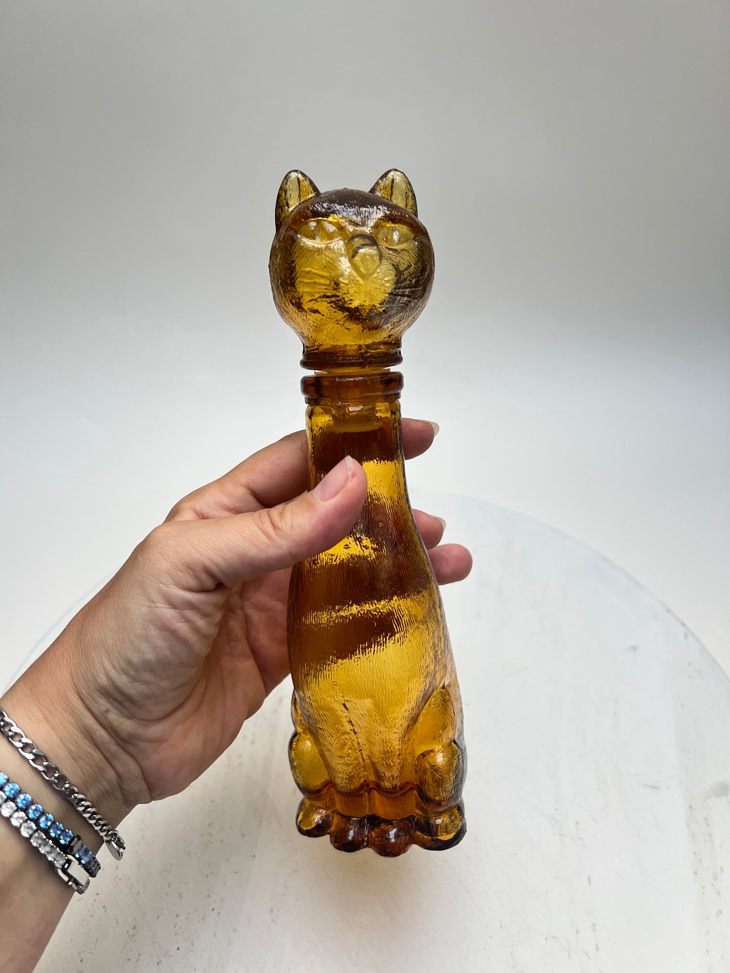 Vintage Katzen Flasche Dekanter Amber Glas Bernsteinglas Empoli Stil Pressglas