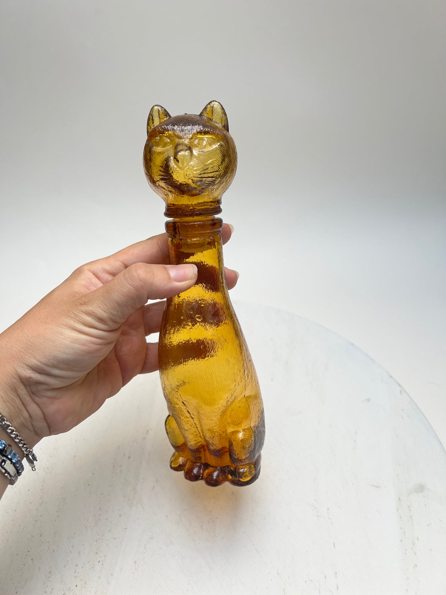 Vintage Katzen Flasche Dekanter Amber Glas Bernsteinglas Empoli Stil Pressglas