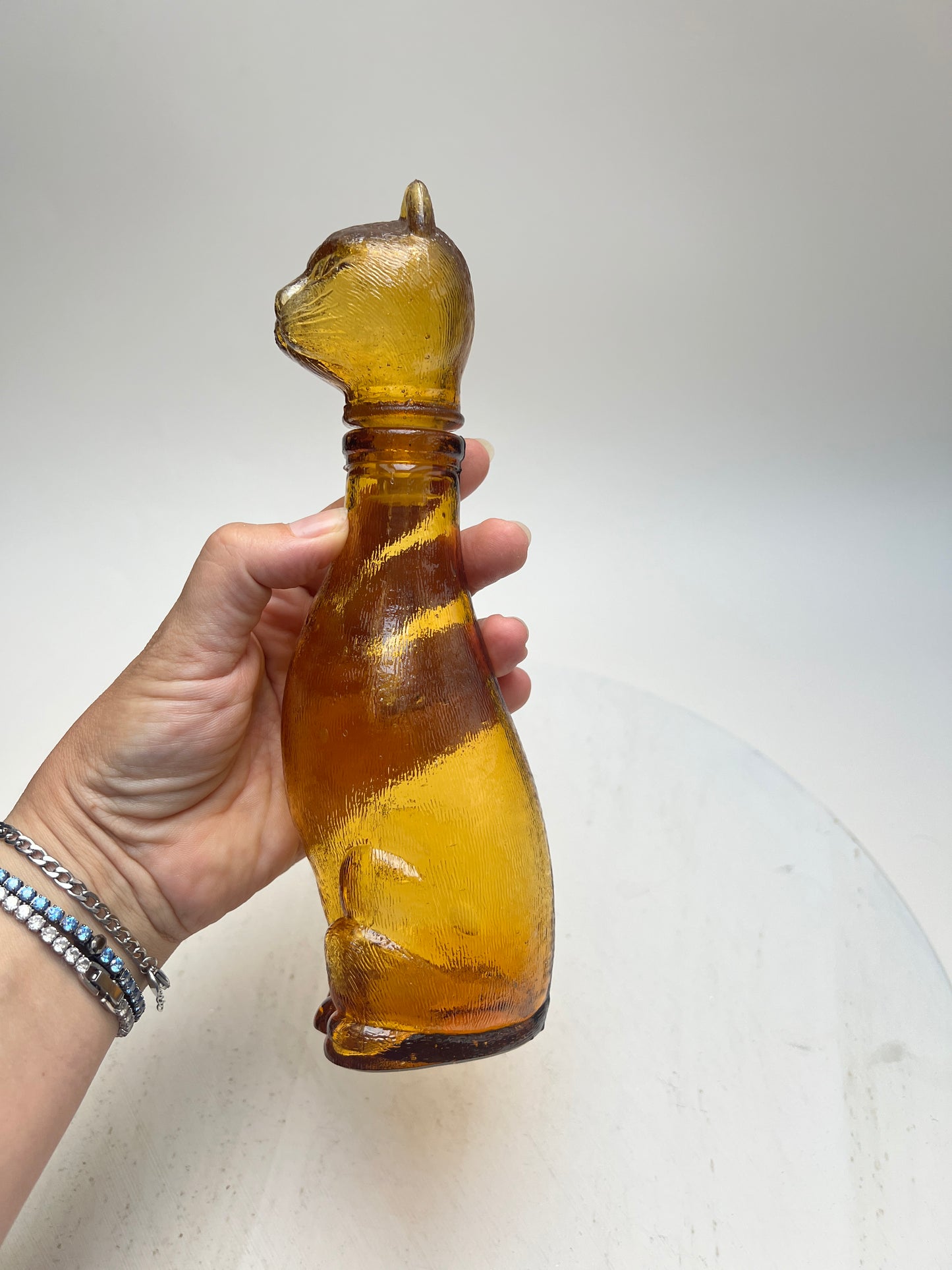 Vintage Katzen Flasche Dekanter Amber Glas Bernsteinglas Empoli Stil Pressglas