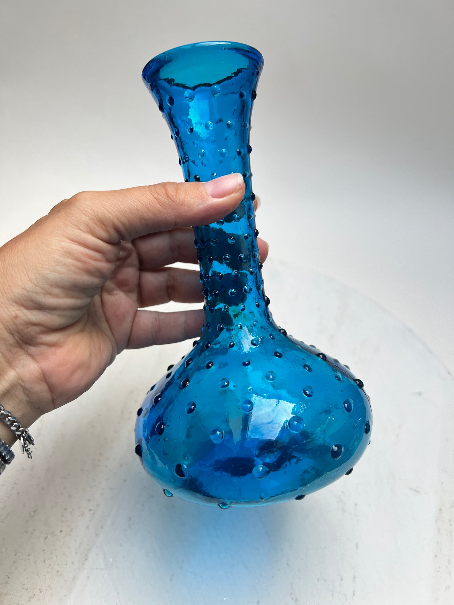 Vintage Noppenvase / Hobnail Vase Empoli Stil blaues Pressglas italienisch Mid Century