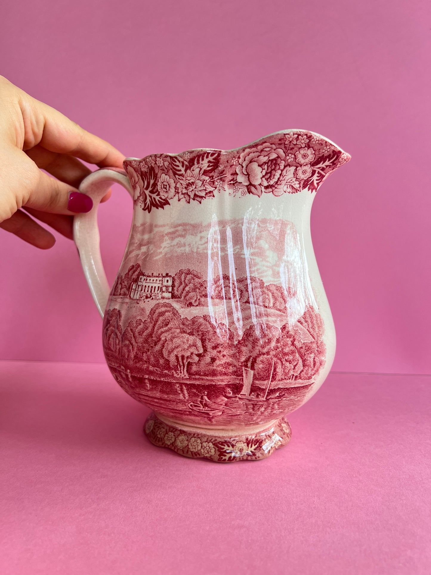 Vintage Krug Kanne Keramik rot weiß Palissy Pottery „Thames River Scenes“ England Landhaus Stil Park Place Henley 18cm groß
