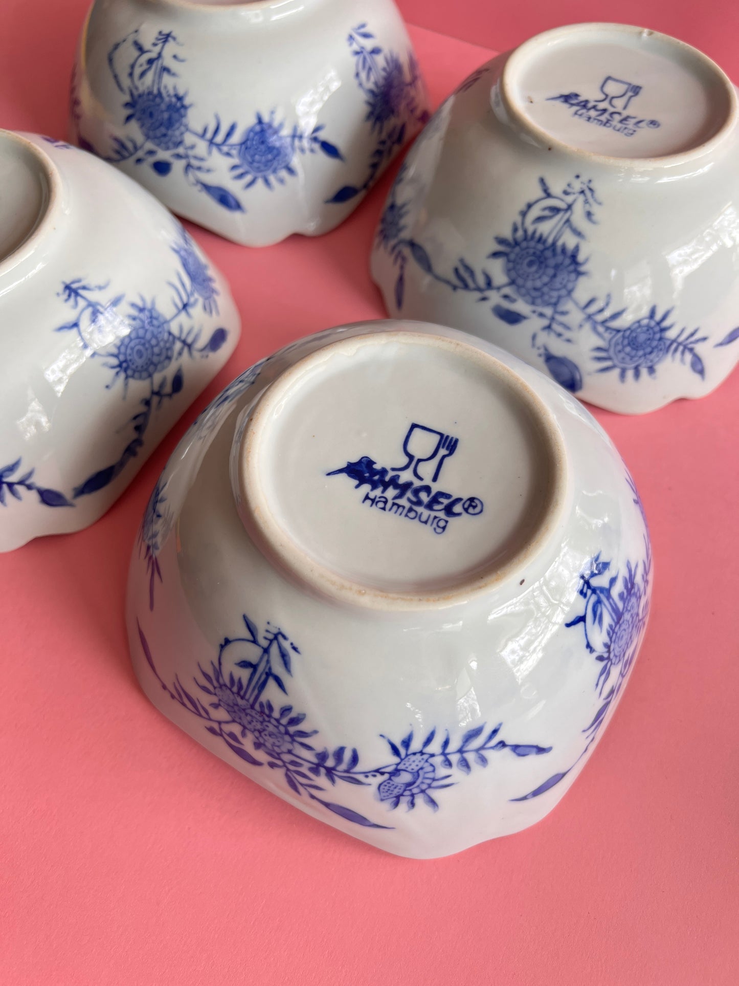 4x Amsel Hamburg Anbietschalen Müslischale Schüsseln blau weiß country cottage Germany Porzellan Dessertschale