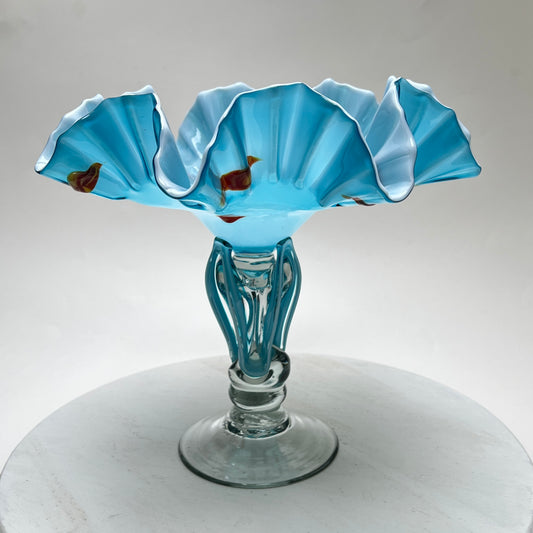 Vintage Murano Stil Glasvase Hellblau Handgefertigte Kunstglas Vase mit Rüschenrand 27 cm