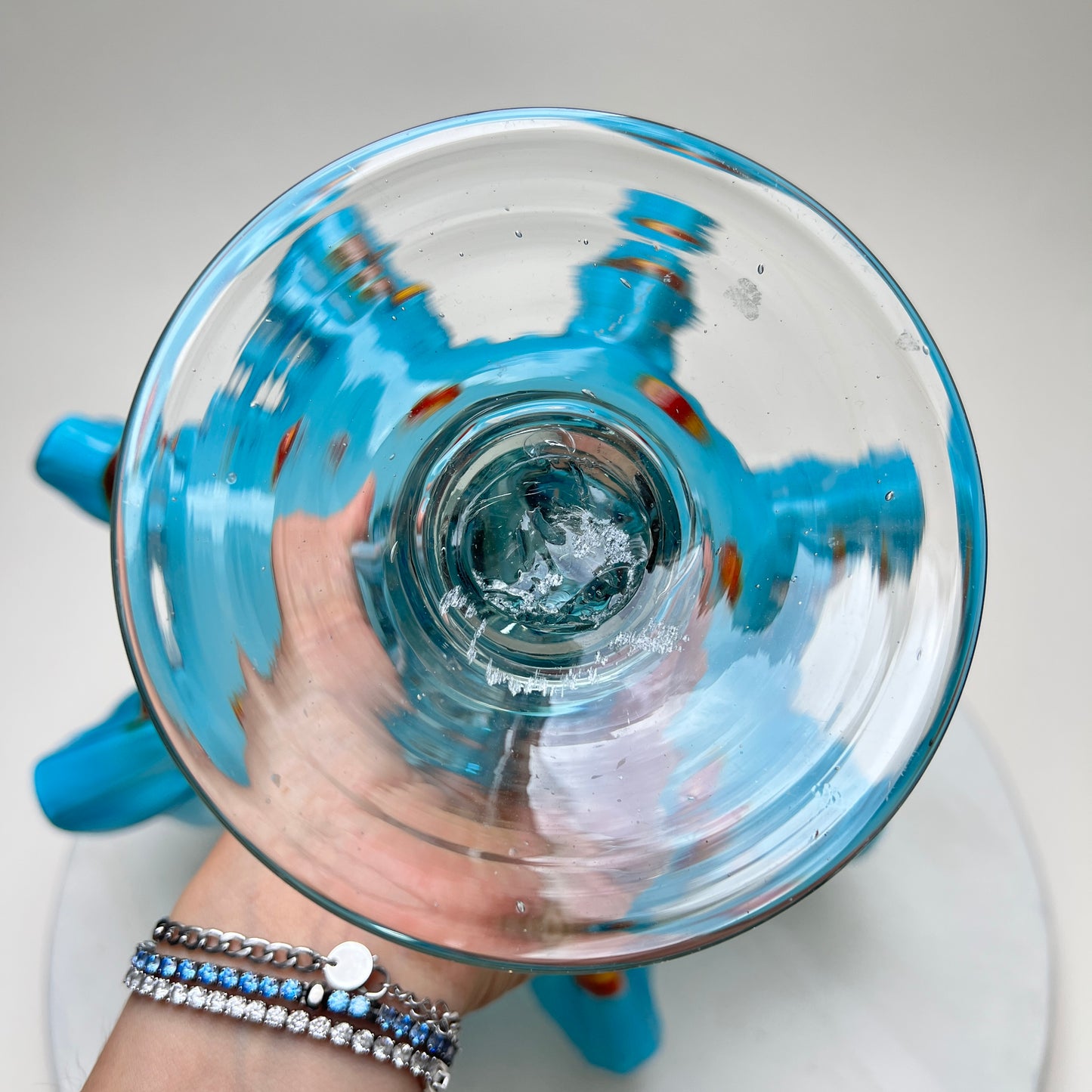 Vintage Murano Stil Glasvase Hellblau Handgefertigte Kunstglas Vase mit Rüschenrand 27 cm