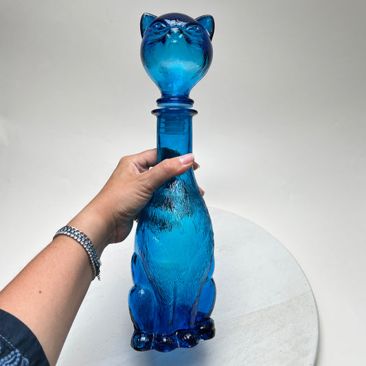 Vintage Empoli Glas Katze Karaffe Flasche Dekanter Blau Italien 1960er Mid Century