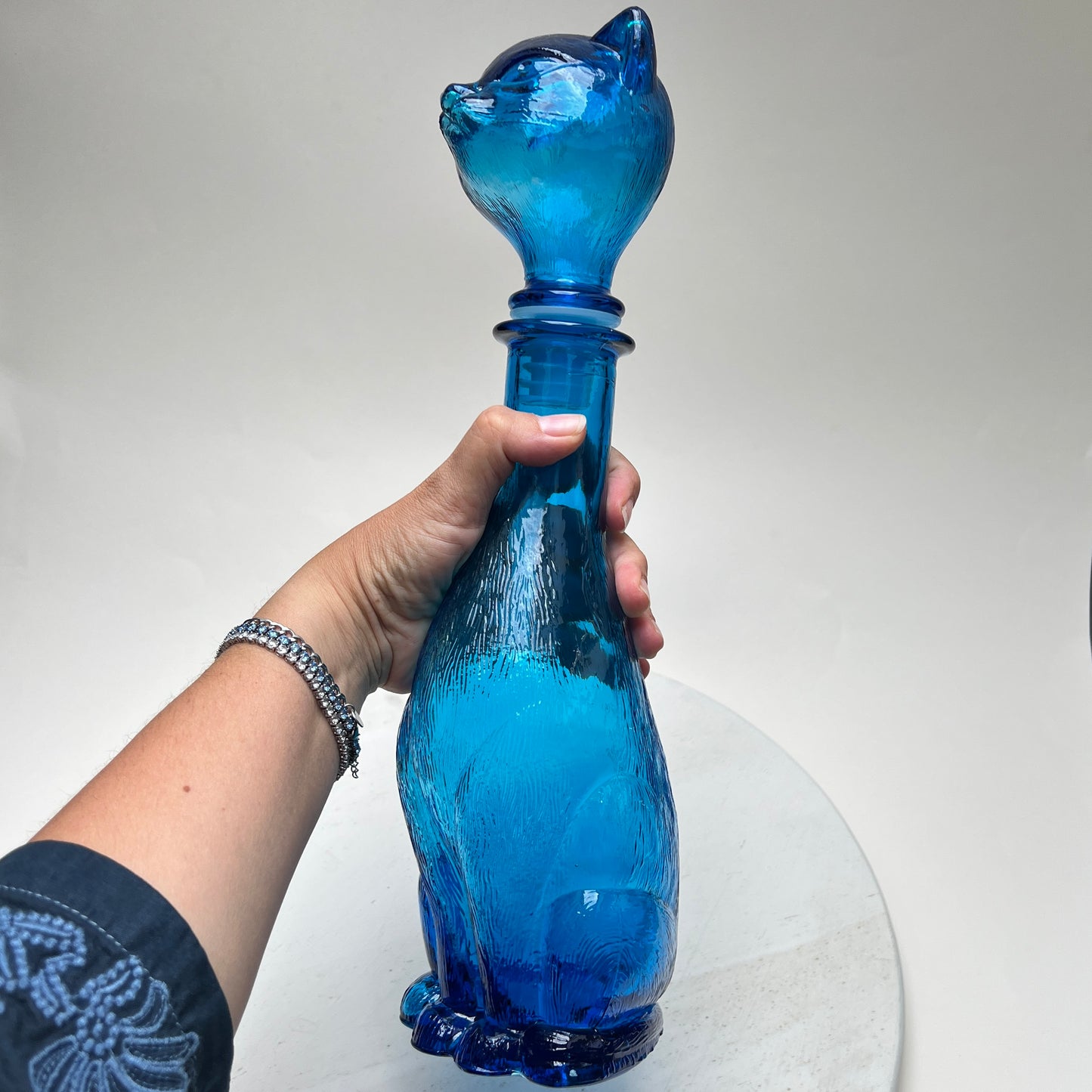 Vintage Empoli Glas Katze Karaffe Flasche Dekanter Blau Italien 1960er Mid Century