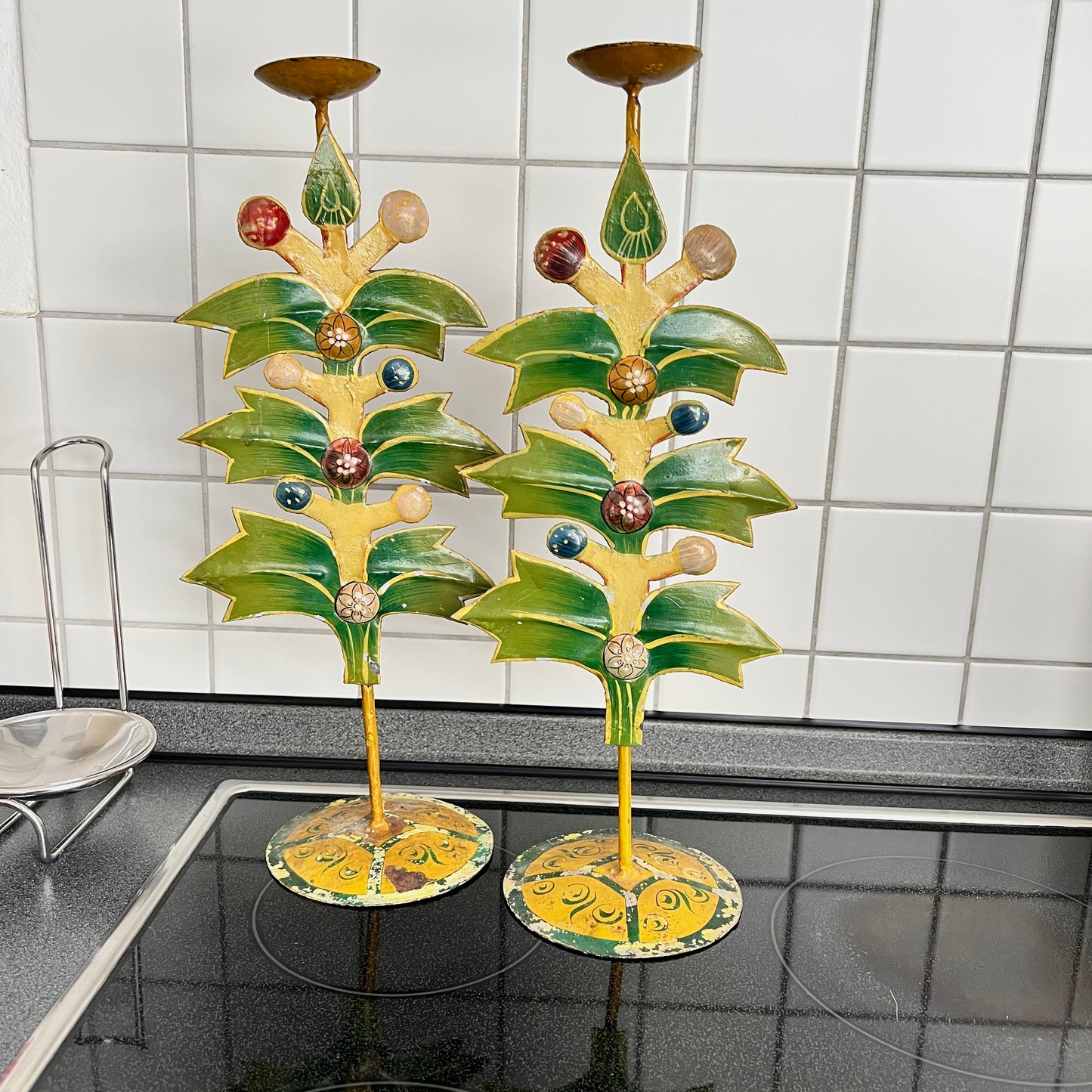 Alte mexikanische Vintage Blech Kerzenständer handbemalt Lebensbaum
