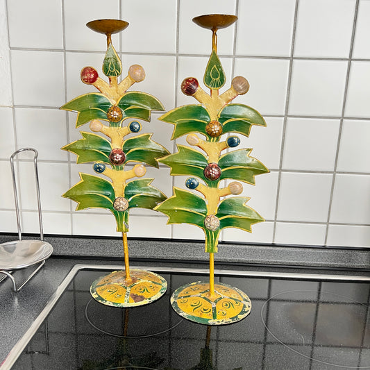 Alte mexikanische Vintage Blech Kerzenständer handbemalt Lebensbaum