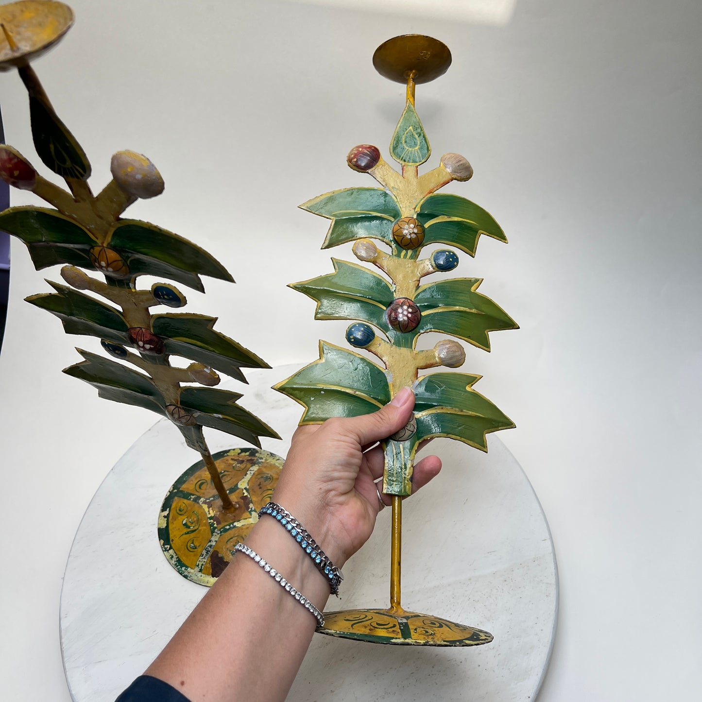 Alte mexikanische Vintage Blech Kerzenständer handbemalt Lebensbaum