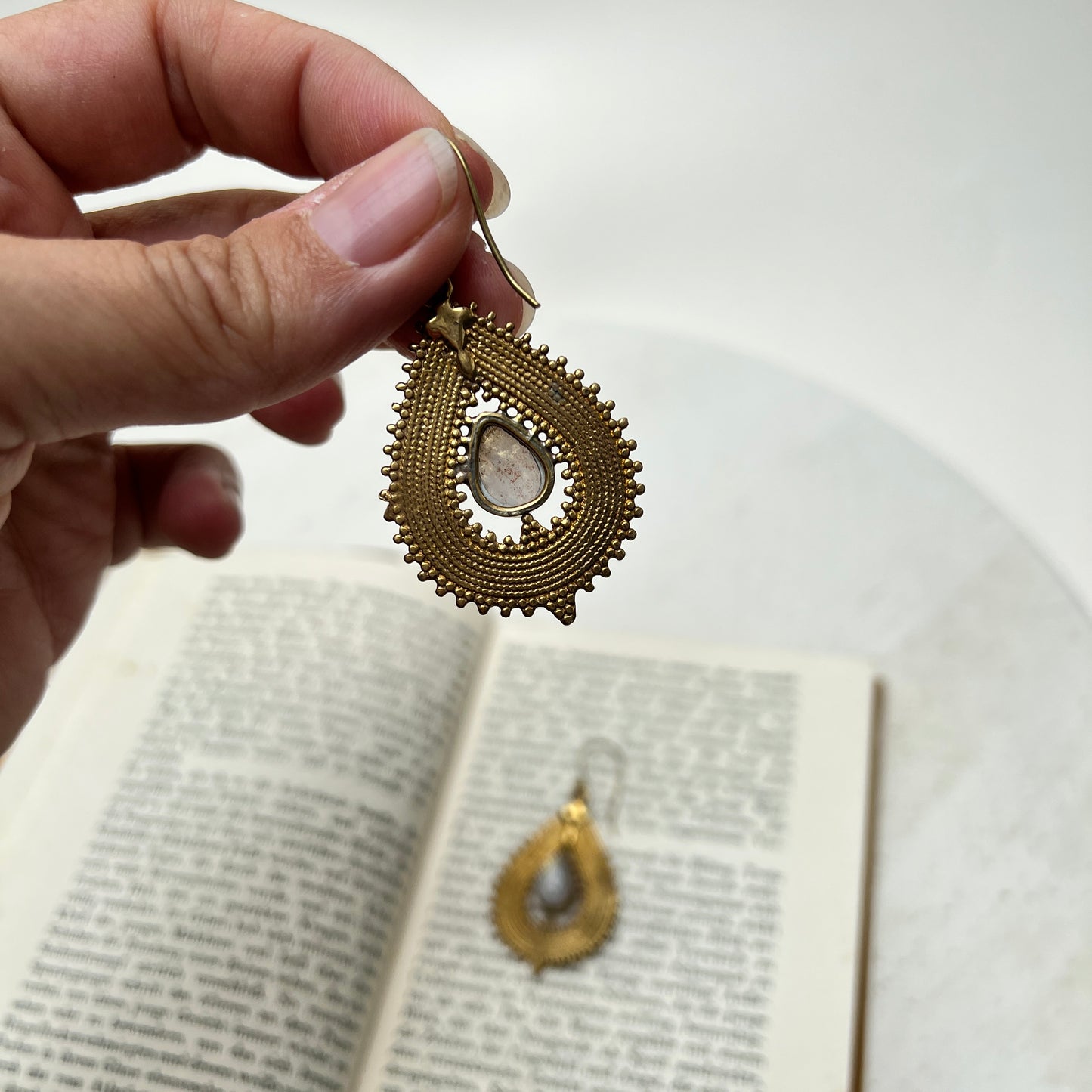 Vintage Goldene Tropfen Ohrringe Ohrhänger Mondschein Opalit Ethno Boho