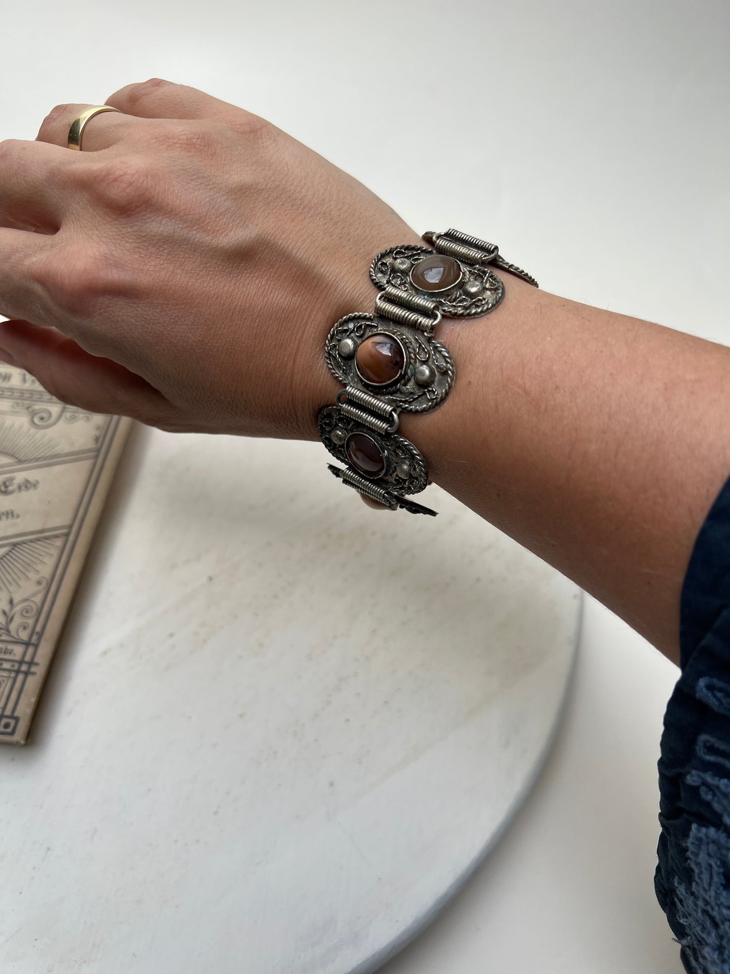 Vintage 70er Beduinen Armband mit Naturstein Cabochons Ethno Boho