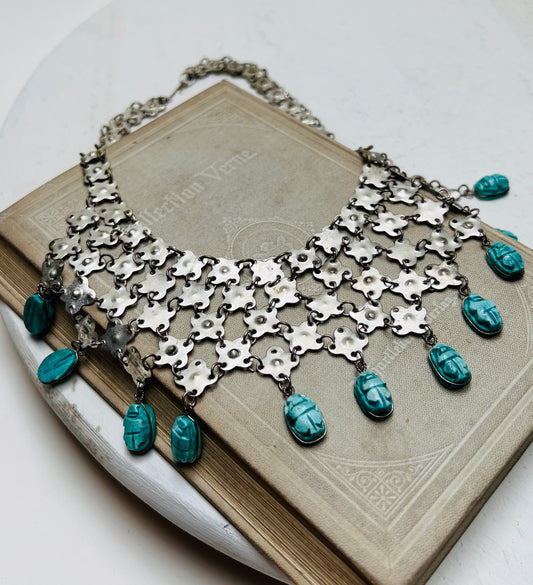 Vintage Egyptian Revival Silber Ethno Collier Halskette mit Skarabäus Ägyptisch Arabisch