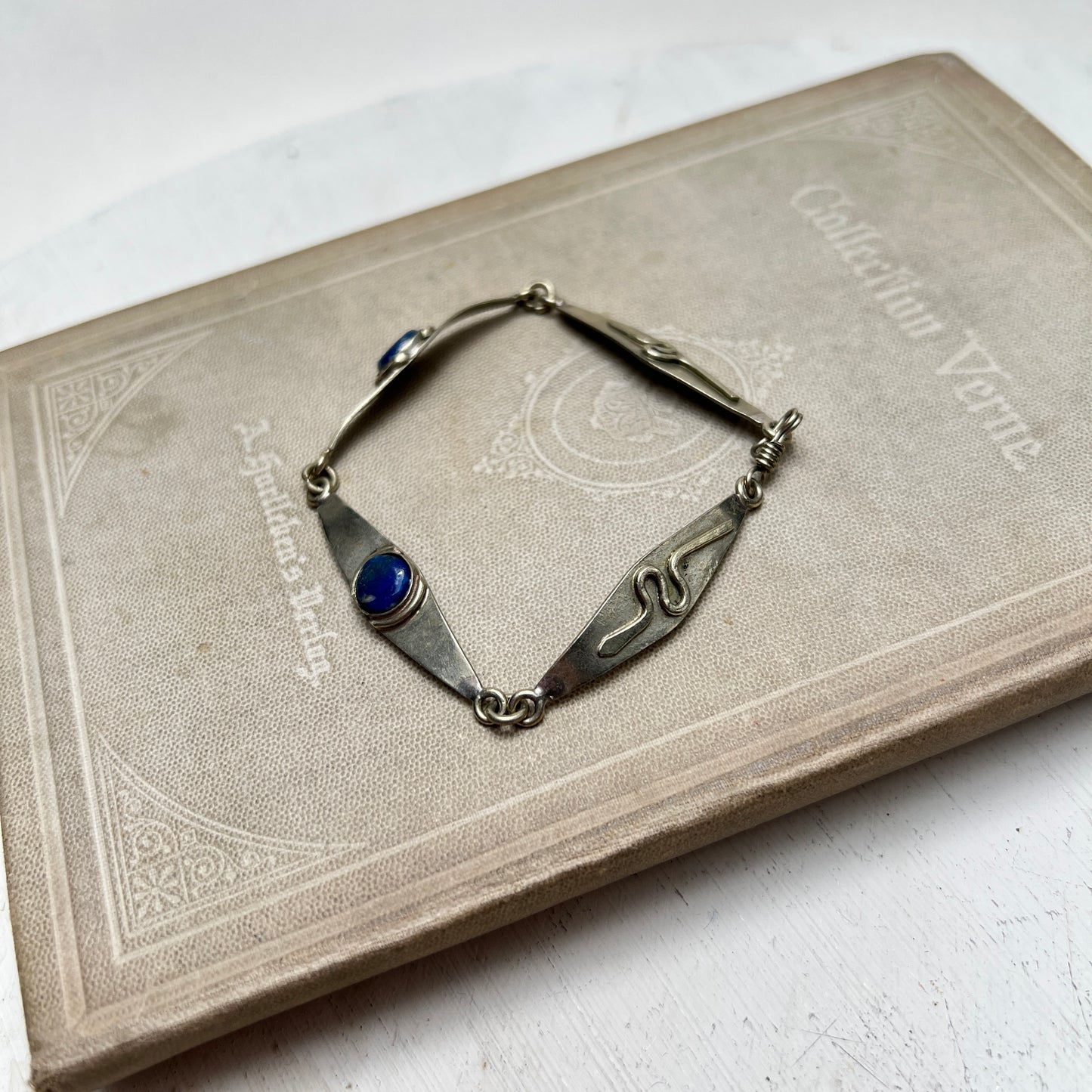 Antikes Jugendstil Art Déco Gliederarmband silber Schlange Lapislazuli um 1915/1920
