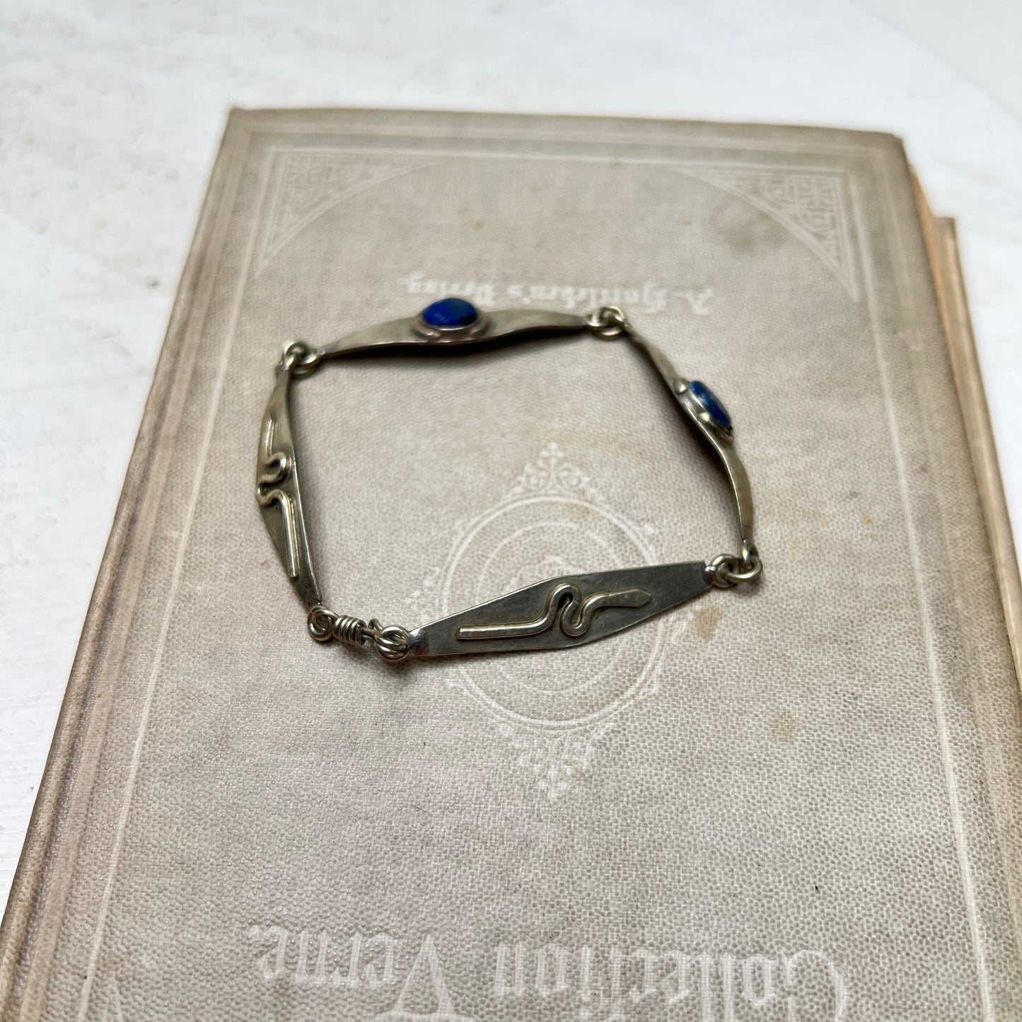 Antikes Jugendstil Art Déco Gliederarmband silber Schlange Lapislazuli um 1915/1920