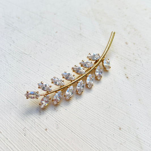 Vintage Braut Brosche Gold Olivenzweig 1970er Hochzeits Haarschmuck Strass Navette Reversnadel