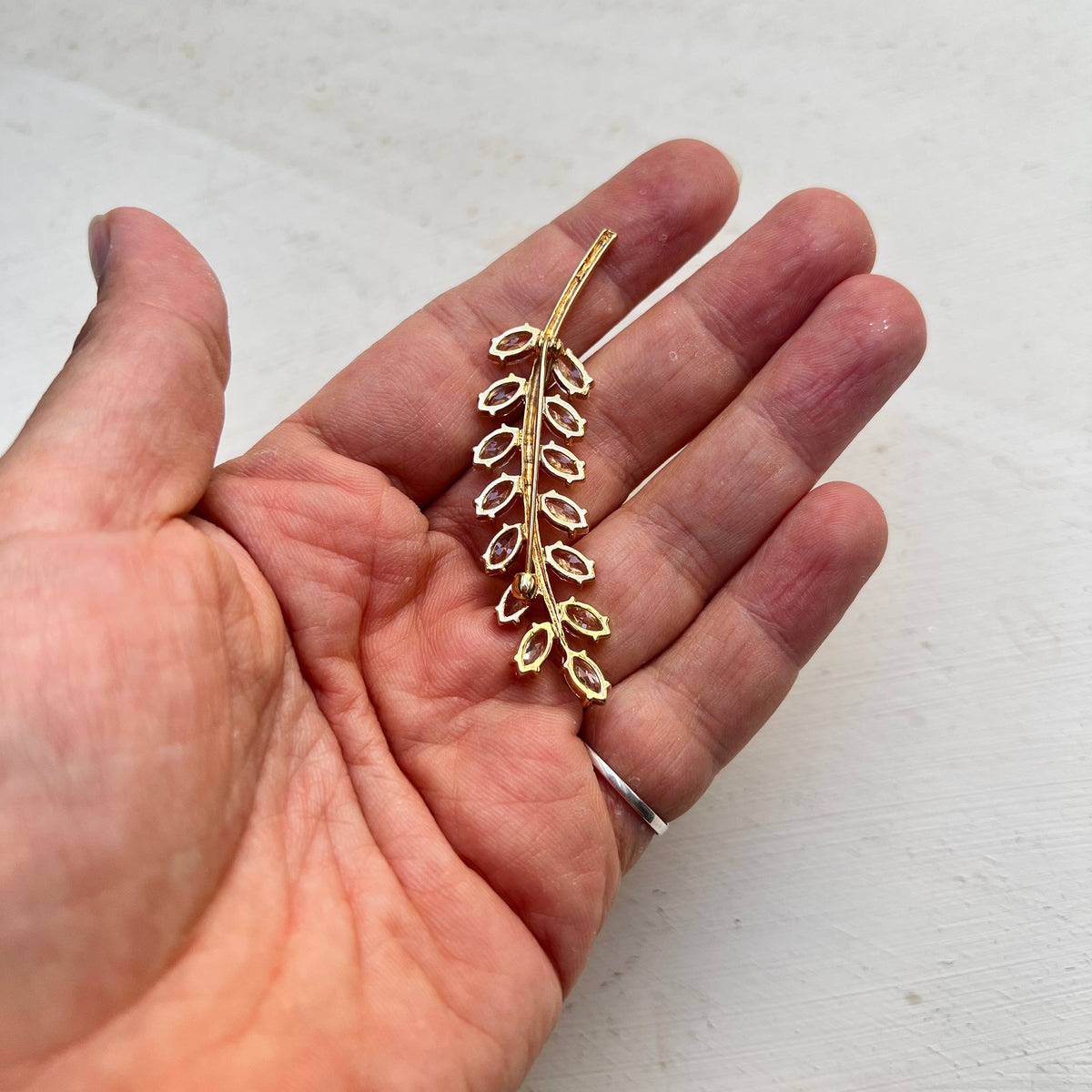 Vintage Braut Brosche Gold Olivenzweig 1970er Hochzeits Haarschmuck Strass Navette Reversnadel