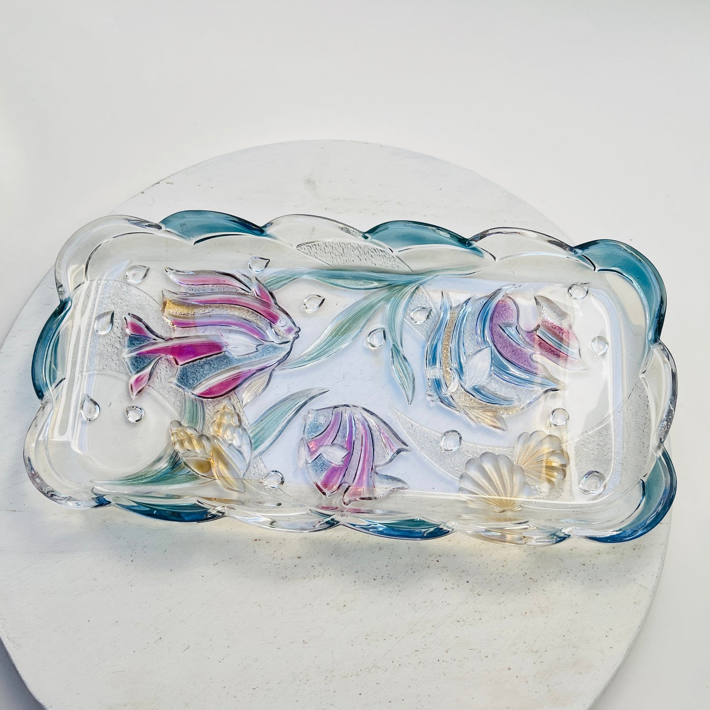 Vintage Mikasa Key Largo Glasschale Kuchenplatte Tropische Fische bunt 17x35cm Savoir Vivre 90er Jahre