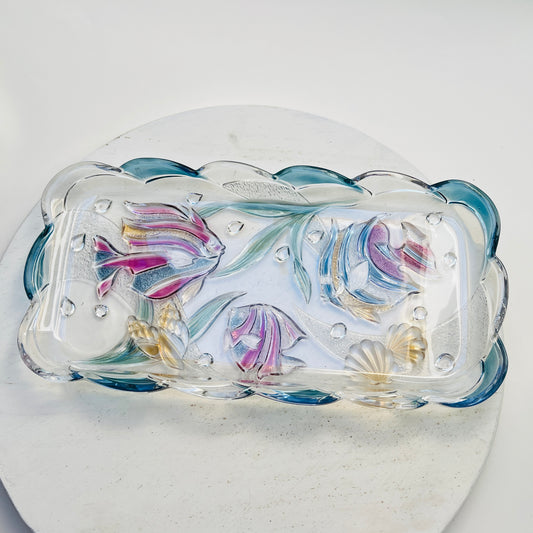 Vintage Mikasa Key Largo Glasschale Kuchenplatte Tropische Fische bunt 17x35cm Savoir Vivre 90er Jahre