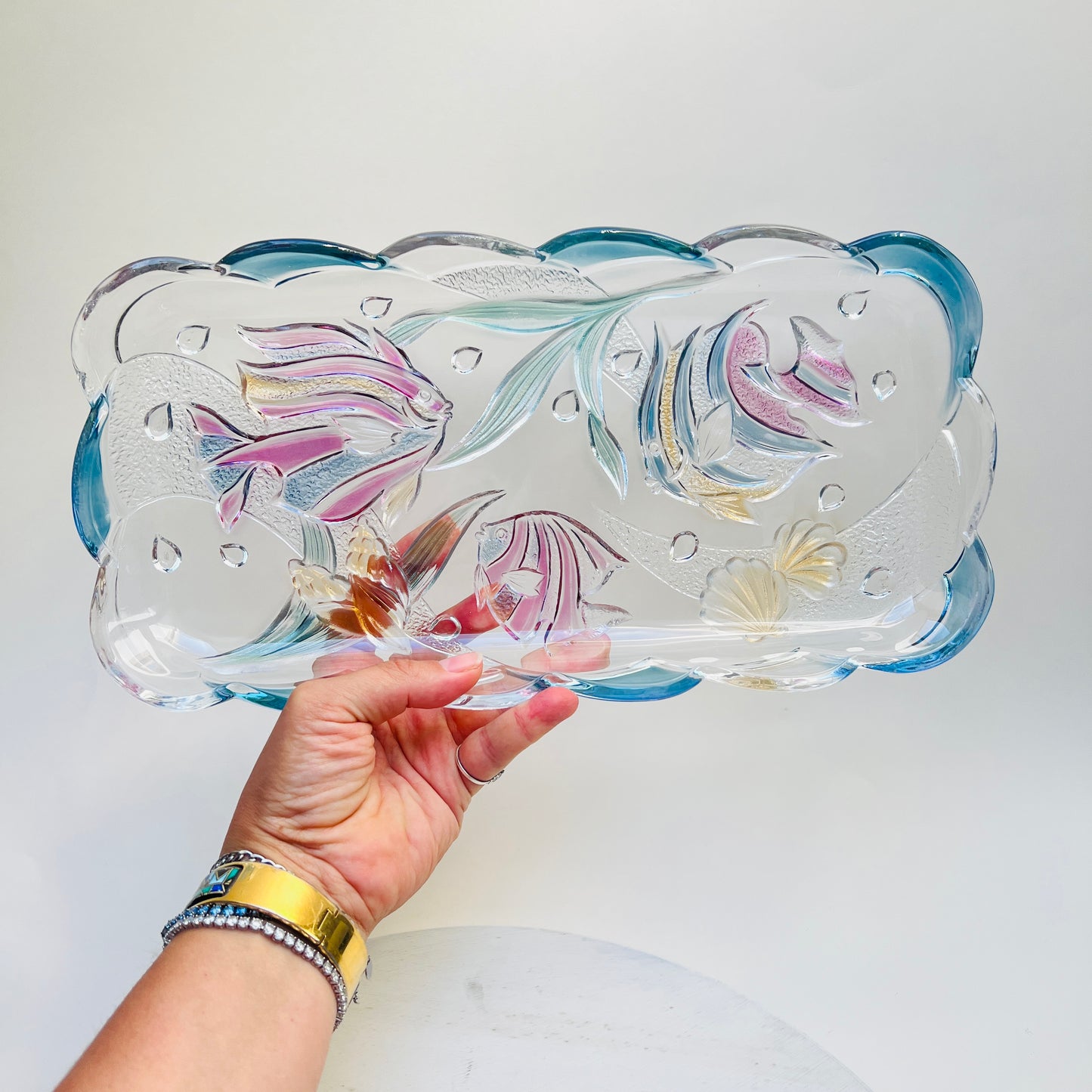 Vintage Mikasa Key Largo Glasschale Kuchenplatte Tropische Fische bunt 17x35cm Savoir Vivre 90er Jahre