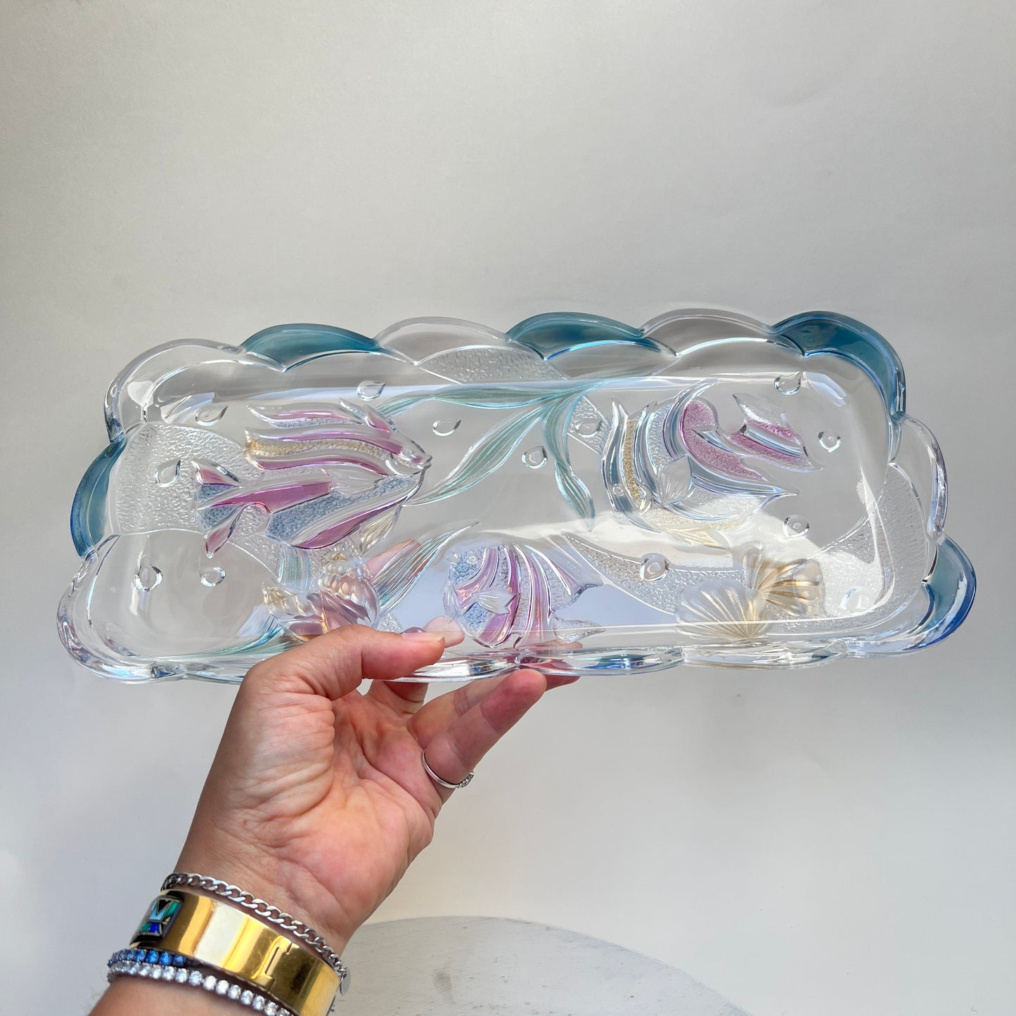Vintage Mikasa Key Largo Glasschale Kuchenplatte Tropische Fische bunt 17x35cm Savoir Vivre 90er Jahre