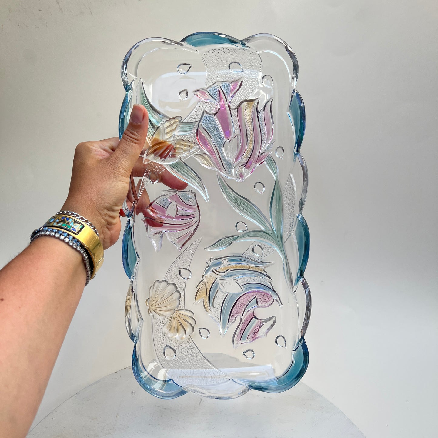Vintage Mikasa Key Largo Glasschale Kuchenplatte Tropische Fische bunt 17x35cm Savoir Vivre 90er Jahre