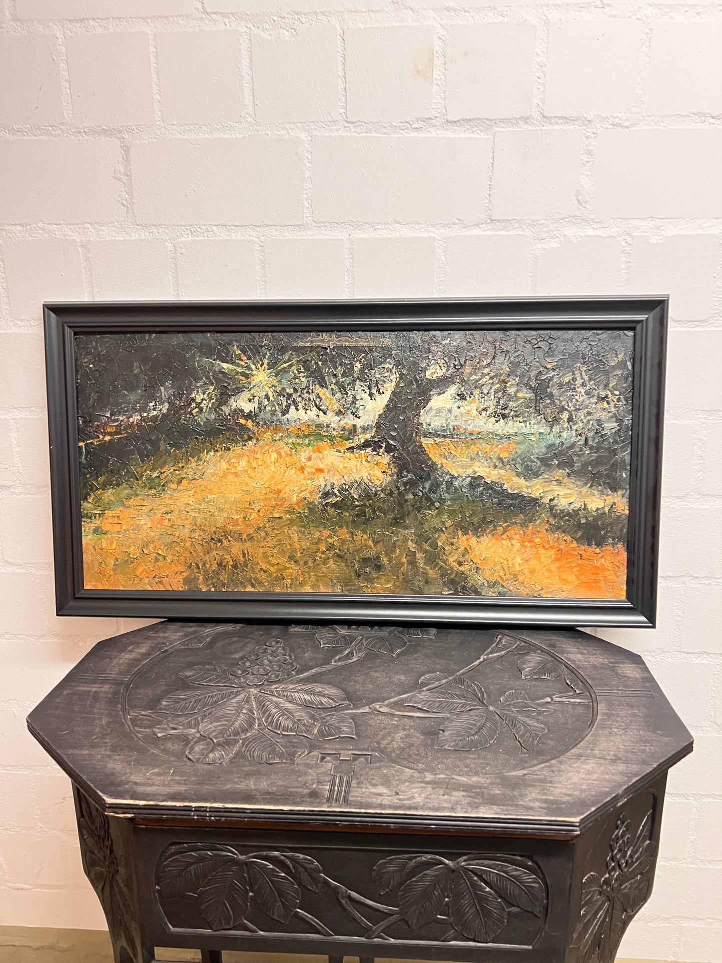 Vintage Ölgemälde Landschaft Baum Sommer Spachteltechnik romantisch länglich