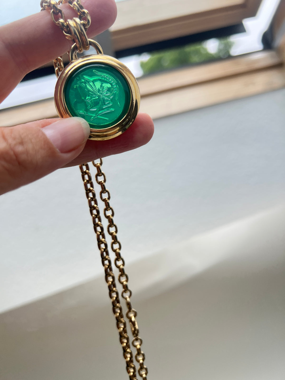 Vintage Designer Modeschmuck Kette NN Edelstahl Herkules Cabochon grün