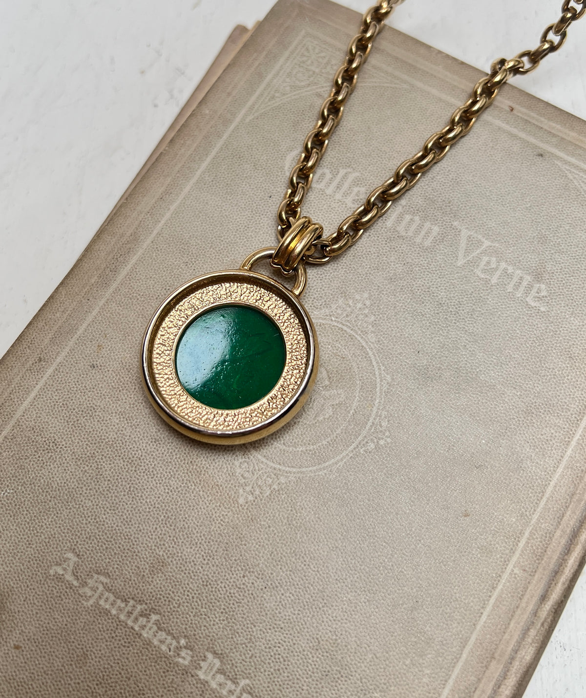 Vintage Designer Modeschmuck Kette NN Edelstahl Herkules Cabochon grün
