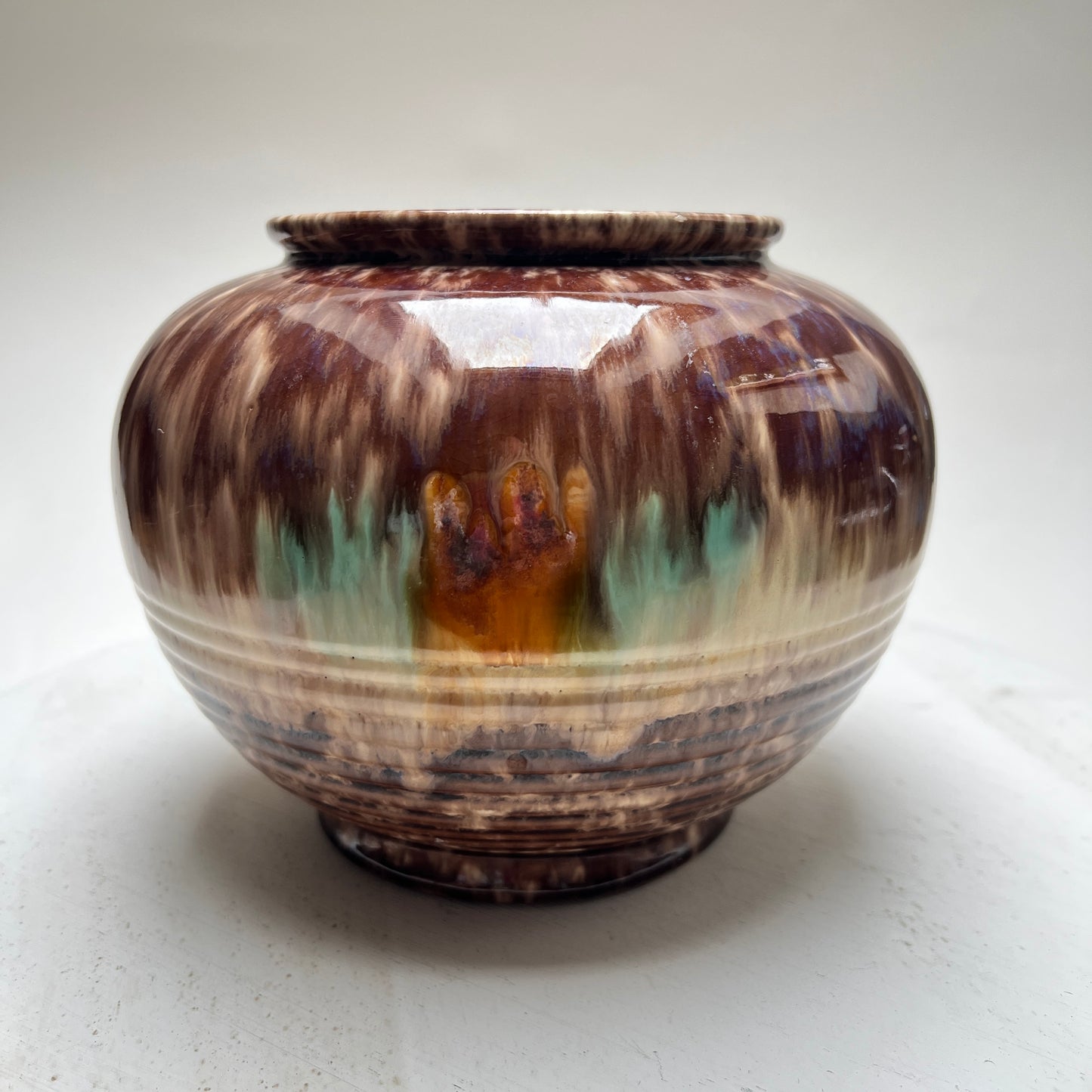 Bauchige Vintage Jasba Laufglasur Vase WGP West Germany brauner Retro Drip Glaze Blumentopf
