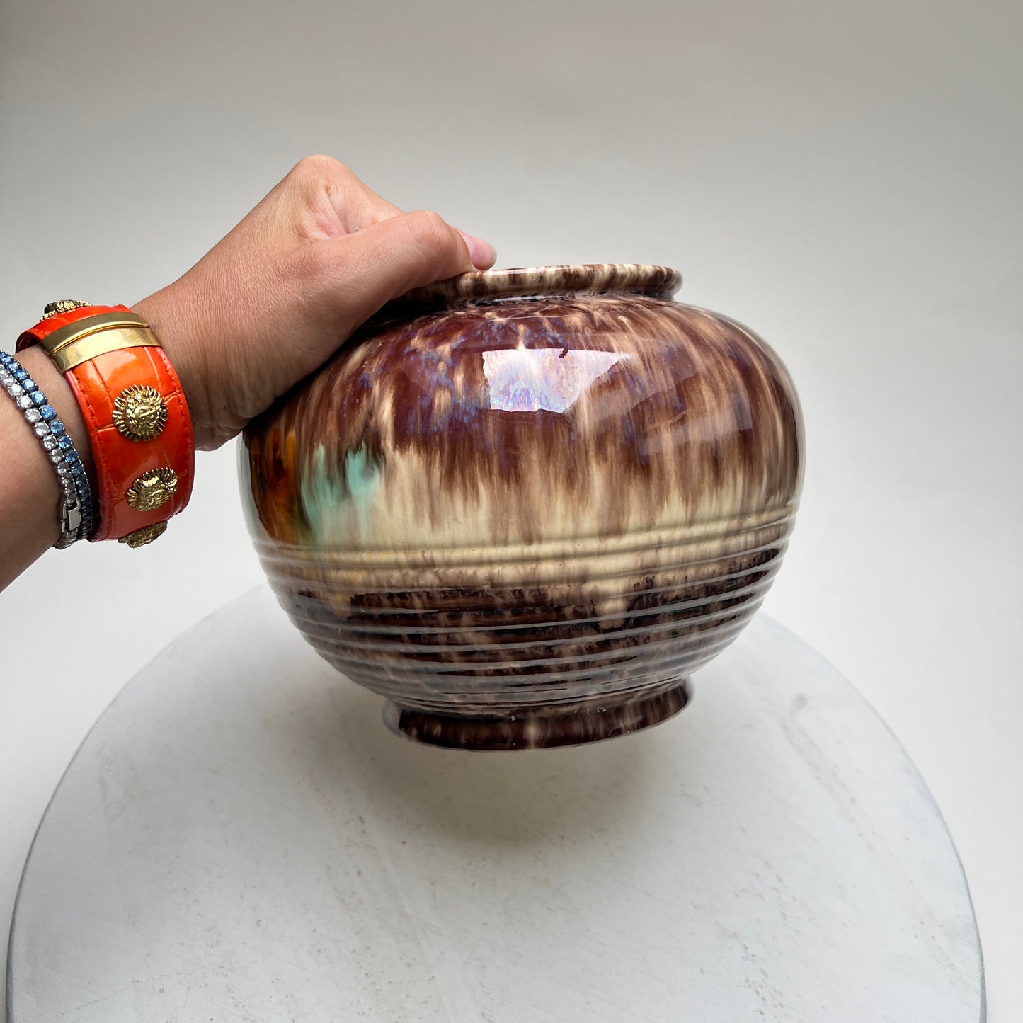 Bauchige Vintage Jasba Laufglasur Vase WGP West Germany brauner Retro Drip Glaze Blumentopf