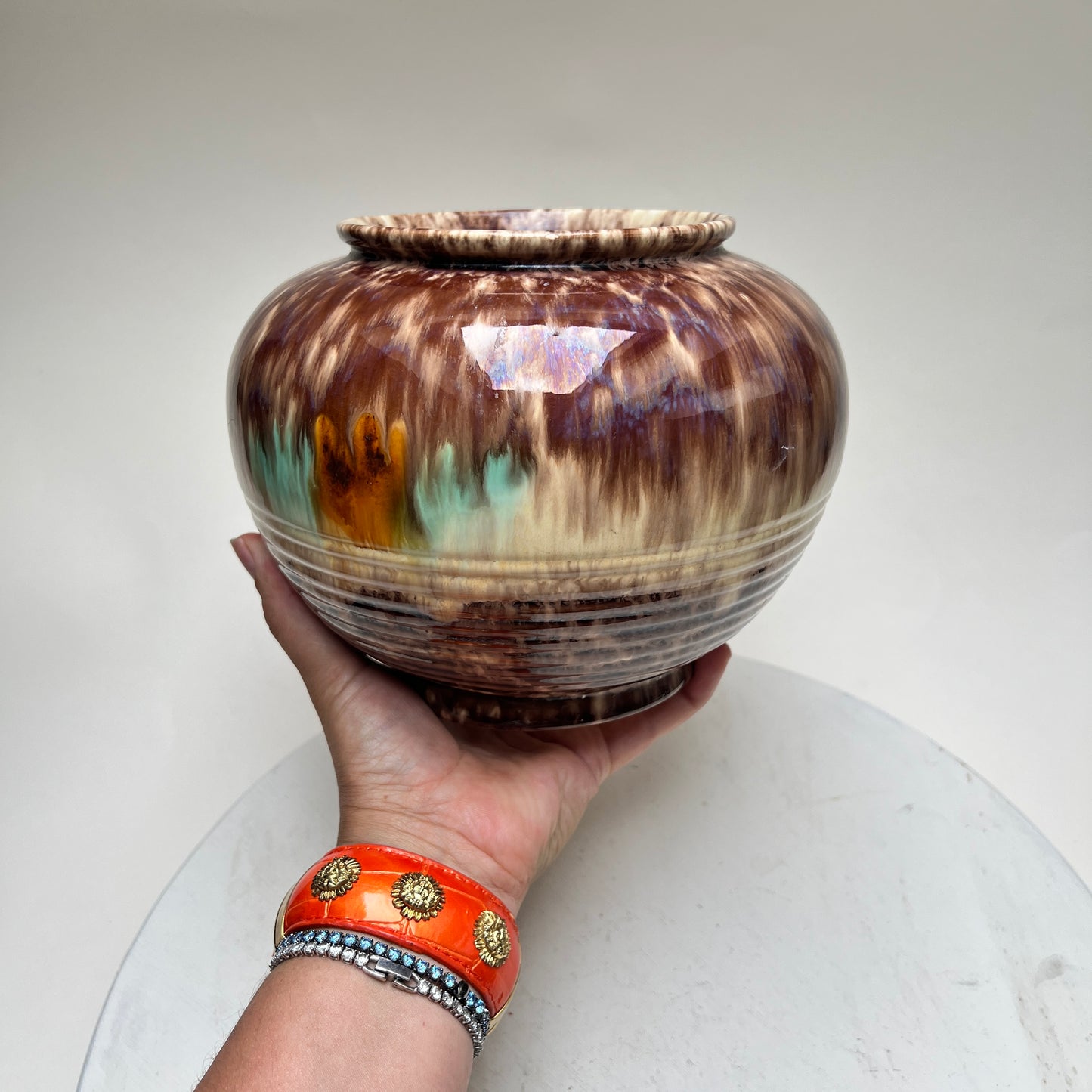 Bauchige Vintage Jasba Laufglasur Vase WGP West Germany brauner Retro Drip Glaze Blumentopf